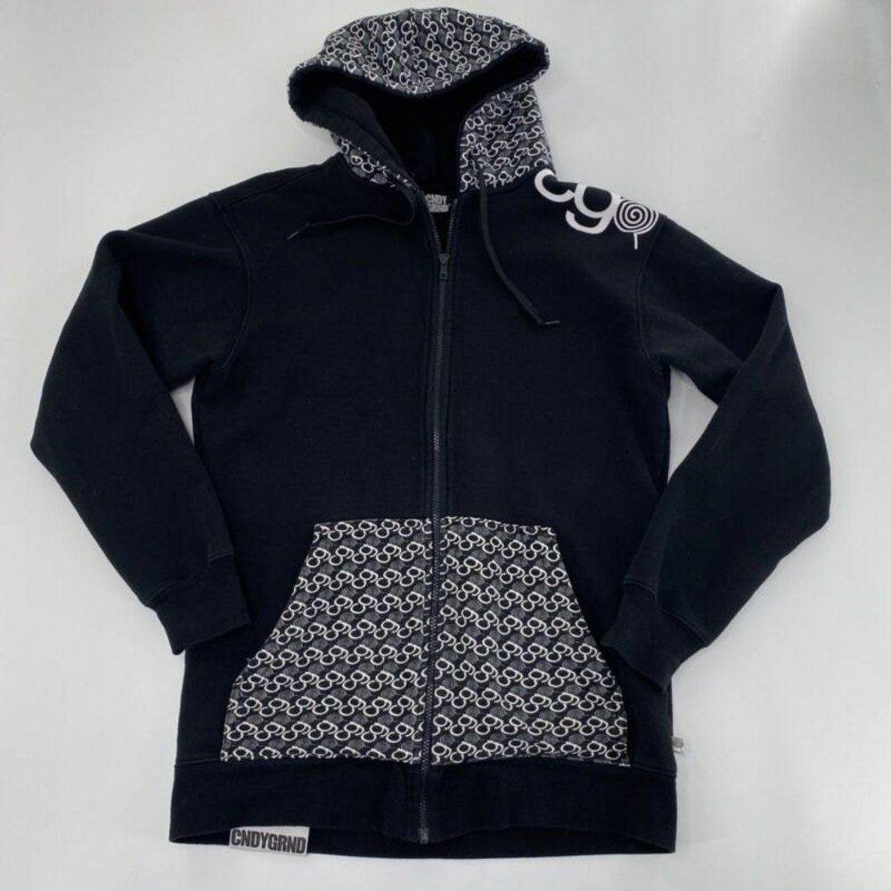 Candy Grind Sz M Vintage CNDY GRND Full Zip Hoodie Sweater Graphic Black White